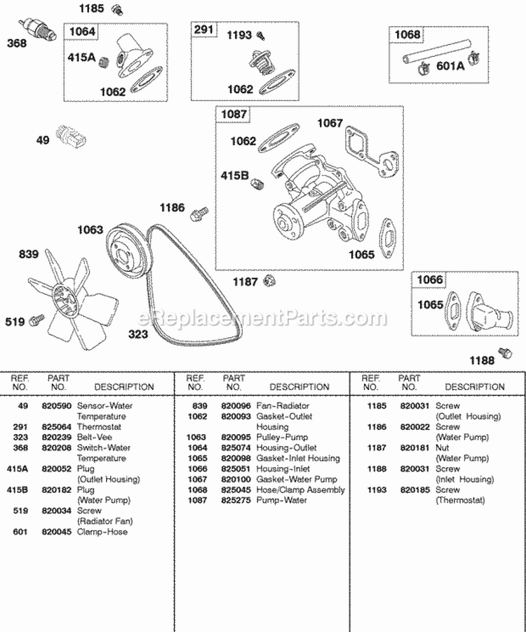 Water Pump Fan Vee Belt Diagram and Parts List for 437447-0205-E2  Briggs and Stratton Engine